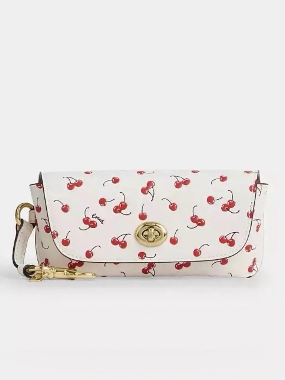 Coach Sunglass Case with Cherry Print in Gold/Chalk Multi Smooth Leather NWT